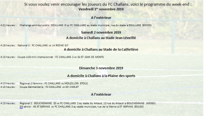 matchs FC CHALLANS du 01 au 03 novembre 2019